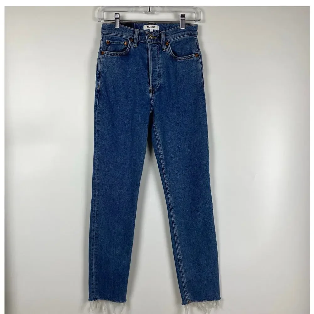 Re/Done High-Rise Ankle Crop Jeans Raw Hem Button Fly Medium Wash Womens Sz 26 - Picture 3 of 11